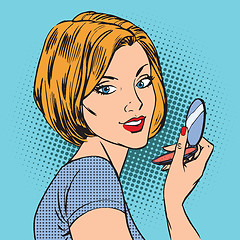 Image showing face of a girl with her compact mirror makeup woman pop art comi