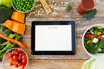 Image showing close up of diet plan on tablet pc and vegetables