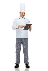 Image showing happy male chef cook holding tablet pc