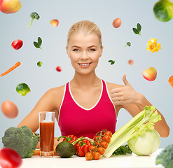 Image showing happy woman with vegetarian food showing thumbs up