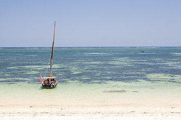 Image showing Old wooden arabian dhow in the ocean 