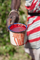 Image showing Masai Mara, Kenya, Africa - February 12, 2010  shaman with a cup of cow blood in traditional clothes