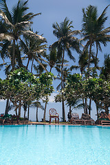 Image showing Swimming pool, palm trees and blue sky