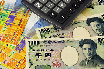 Image showing Forex - Swiss and Japanese currency pair with calculator

