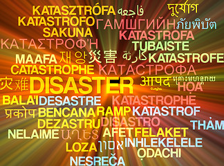 Image showing Disaster multilanguage wordcloud background concept glowing