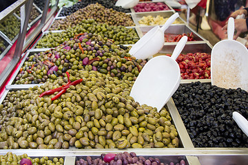 Image showing Black and green Marinated Olives