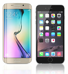 Image showing Gold Platinum Samsung Galaxy S6 Edge and Space Gray Apple iPhone