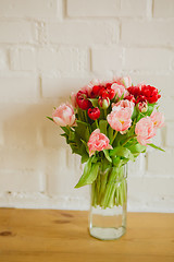 Image showing bouquet of tulips on white background for advertising