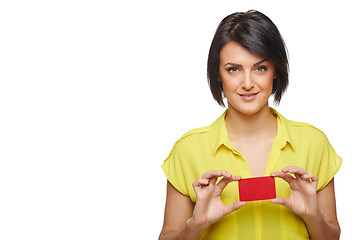 Image showing Confident woman showing blank credit card