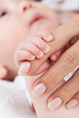 Image showing Newborn hands holding mothers hand