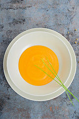 Image showing Pumpkin cream soup on the table