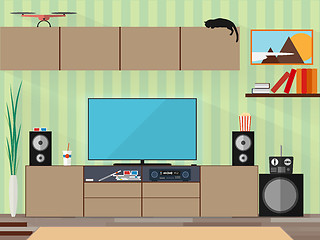 Image showing Living room with furniture and long shadows. Flat style vector illustration.