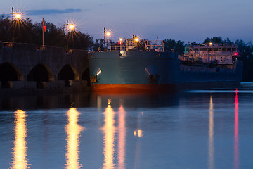 Image showing moored ship to the pier at sunset