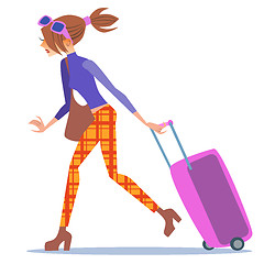 Image showing Tourist woman walking with a suitcase journey