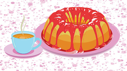 Image showing Cake with glaze and a cup of hot drink