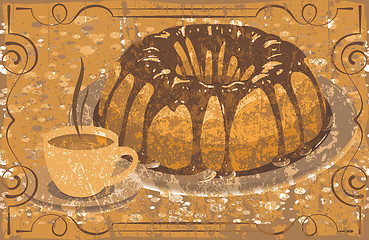 Image showing Cake with glaze and a cup of hot drink. grunge