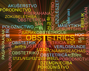 Image showing Obstetrics multilanguage wordcloud background concept glowing