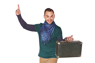 Image showing Man traveler pointing finger up with idea