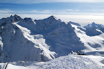 Image showing Snowy off-piste slopes at evening