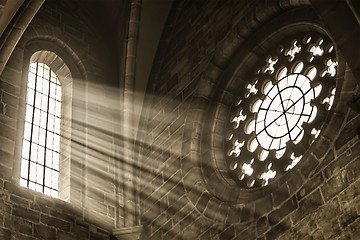 Image showing church window with sunbeams