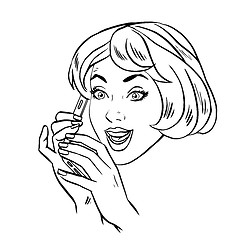 Image showing Young woman talking on smartphone retro line art 