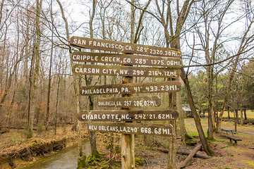 Image showing wooden direction sign in the forest