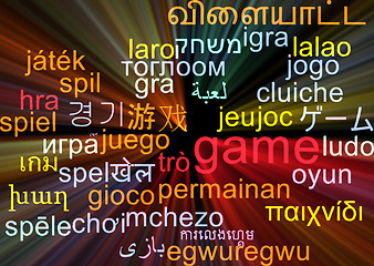 Image showing Game multilanguage wordcloud background concept glowing