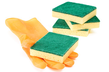 Image showing Scouring sponges with rubber glove