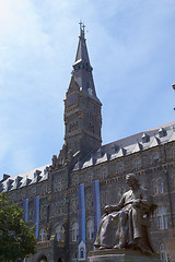 Image showing Tower of Georgetown University with the statue of John Carroll