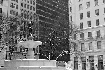 Image showing Pulitzer Fountain under the snow in black and white