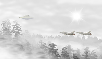 Image showing UFO in a landscape of misty forest at sunrise