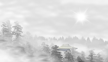 Image showing UFO in a landscape of misty forest at sunrise