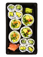 Image showing Box of vegetarian sushi on white background