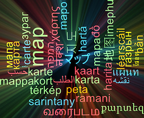 Image showing Map multilanguage wordcloud background concept glowing