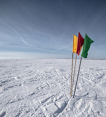 Image showing Flags on the background of winter sky