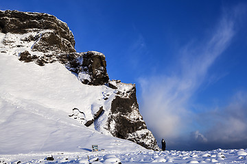 Image showing Snowy mountain landscape in Reynisfjara, South Iceland