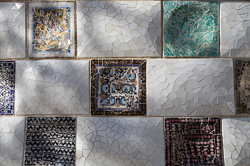 Image showing Close-up of the ceramics in Park Guell Barcelona created by Gaud