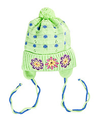 Image showing green baby knitted hat with a flower pattern