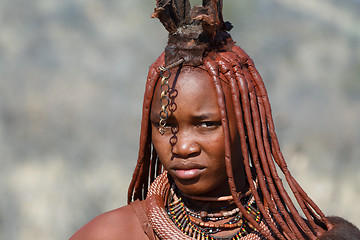 Image showing Himba woman with ornament on the neck in the village