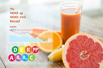 Image showing close up of fresh juice glass and fruits on table