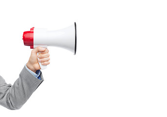 Image showing businessman in suit speaking to megaphone