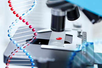 Image showing close up of microscope and blood sample in lab