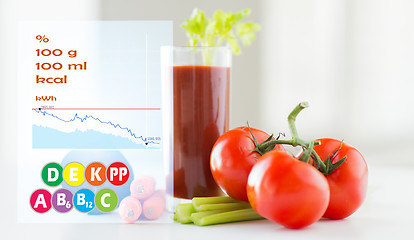 Image showing close up of fresh juice and vegetables on table