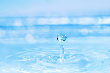 Image showing blue water drop, splash with bokeh