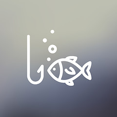 Image showing Fish is looking on a fish hook thin line icon