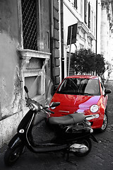 Image showing Red tiny car at the city street, Rome, Italia