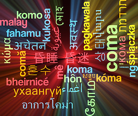 Image showing Coma multilanguage wordcloud background concept glowing