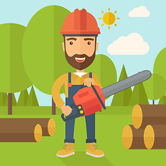 Image showing Lumberjack cuts a tree by chainsaw