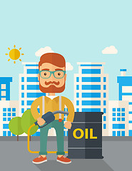 Image showing Businessman with oil can and pump.