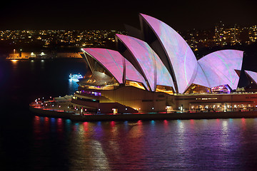 Image showing Sydney Opera House adorned with colour and pattern Vivid Sydney